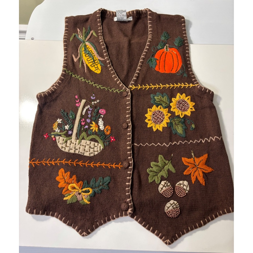 Victoria Jones Brown Fall Harvest Embroidered Beaded Sweater Vest Womens Medium